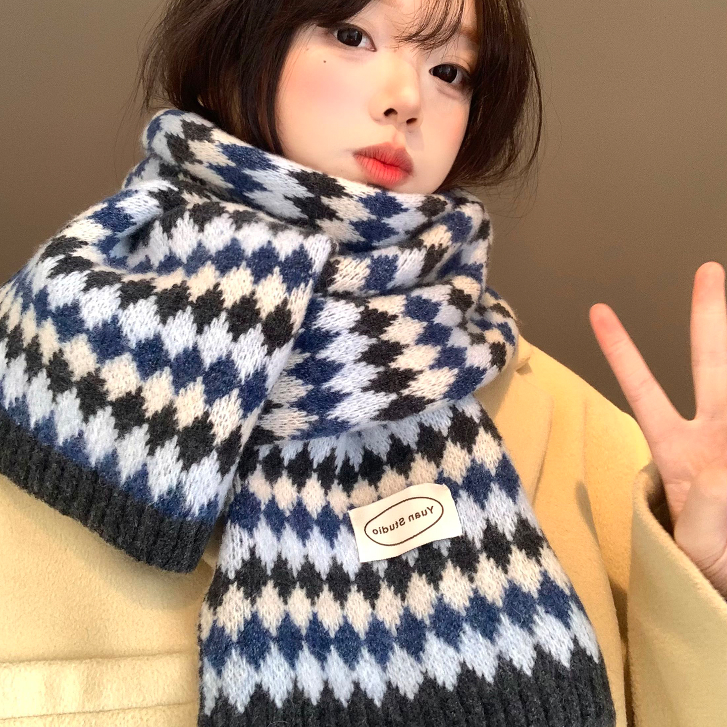 撞色菱格针织围巾女冬季2025新款