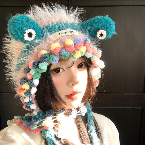 搞怪小怪兽彩色毛绒针织帽女冬季