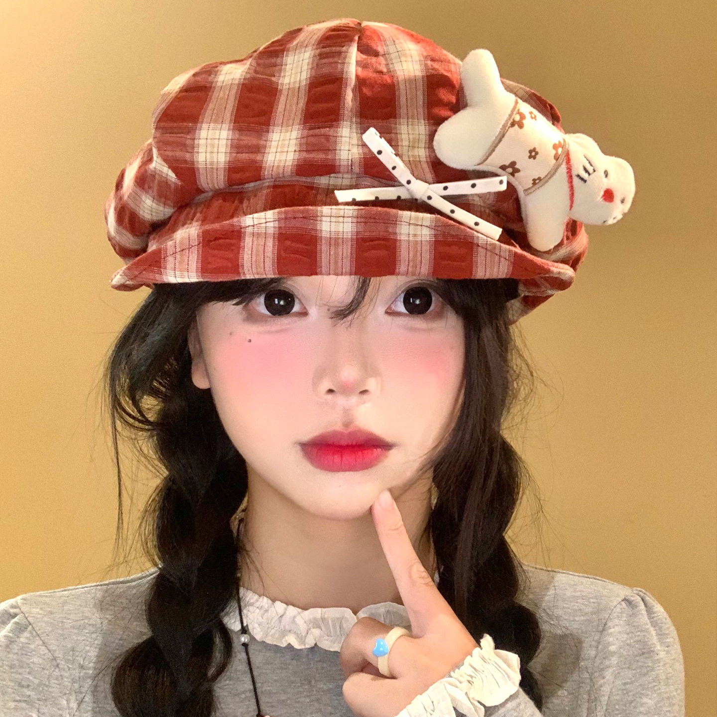 可爱小猫蝴蝶结格纹贝雷帽女显脸小翻檐八角帽大头围报童画家帽子,服饰配件/皮带/帽子/围巾,帽子,淘宝优惠券,粉丝福利购,淘宝优惠卷