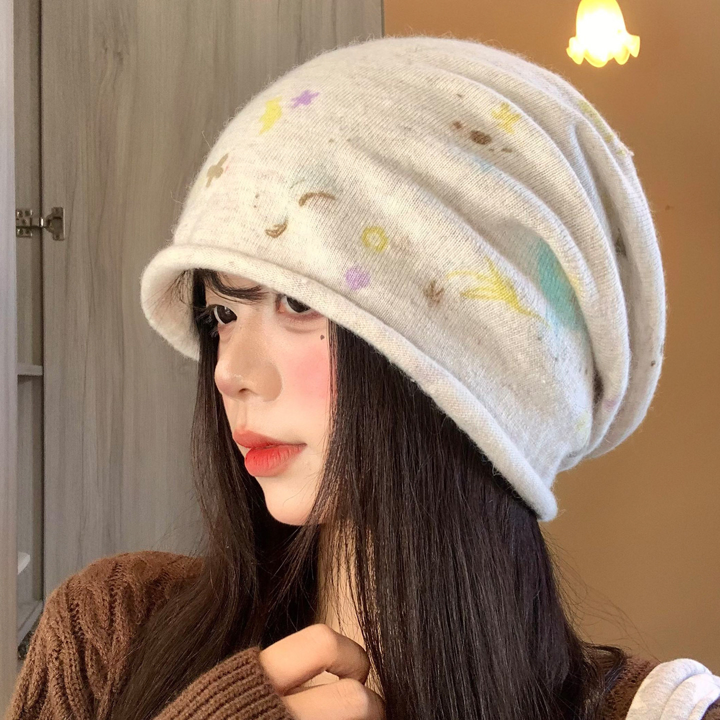 可爱涂鸦堆堆帽女春秋韩版百搭显脸小包头帽宽松大头围套头冷帽子