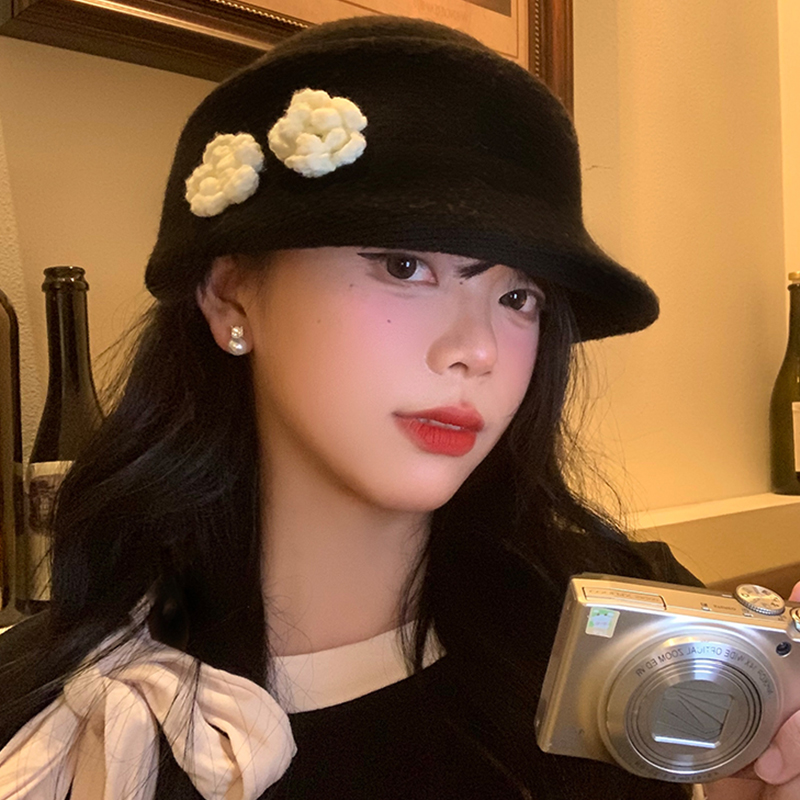 花朵针织贝雷帽2024新款黑色礼帽