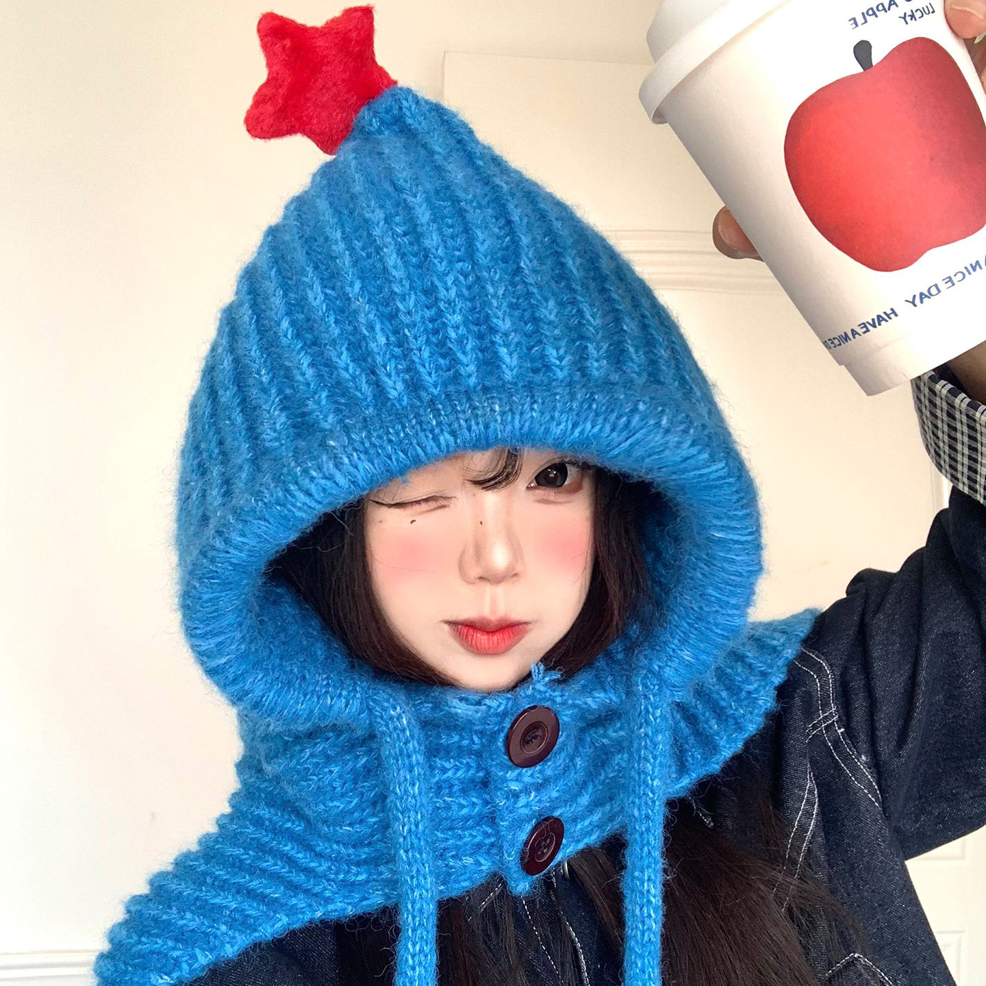 蓝色星星毛线帽子围巾一体女秋冬季韩系保暖防寒针织巴拉克拉法帽