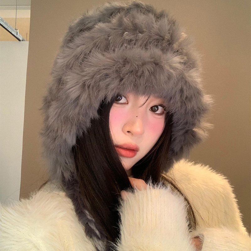 兔毛混纺针织毛绒帽女秋冬季