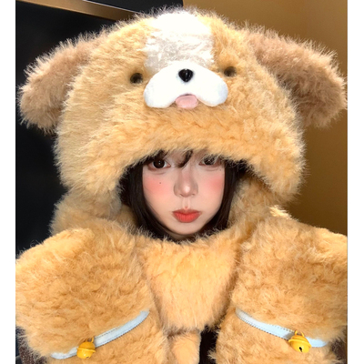 小狗耳朵毛绒帽子围巾手套三件套