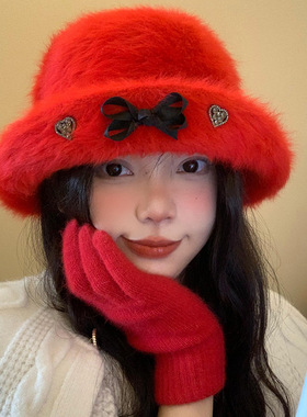 兔毛渔夫帽女冬季红色圣诞新年毛绒富家千金帽优雅气质毛茸茸帽子