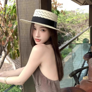 镂空平顶草帽女夏季 高级感遮阳防晒礼帽海边沙滩度假风太阳帽 法式