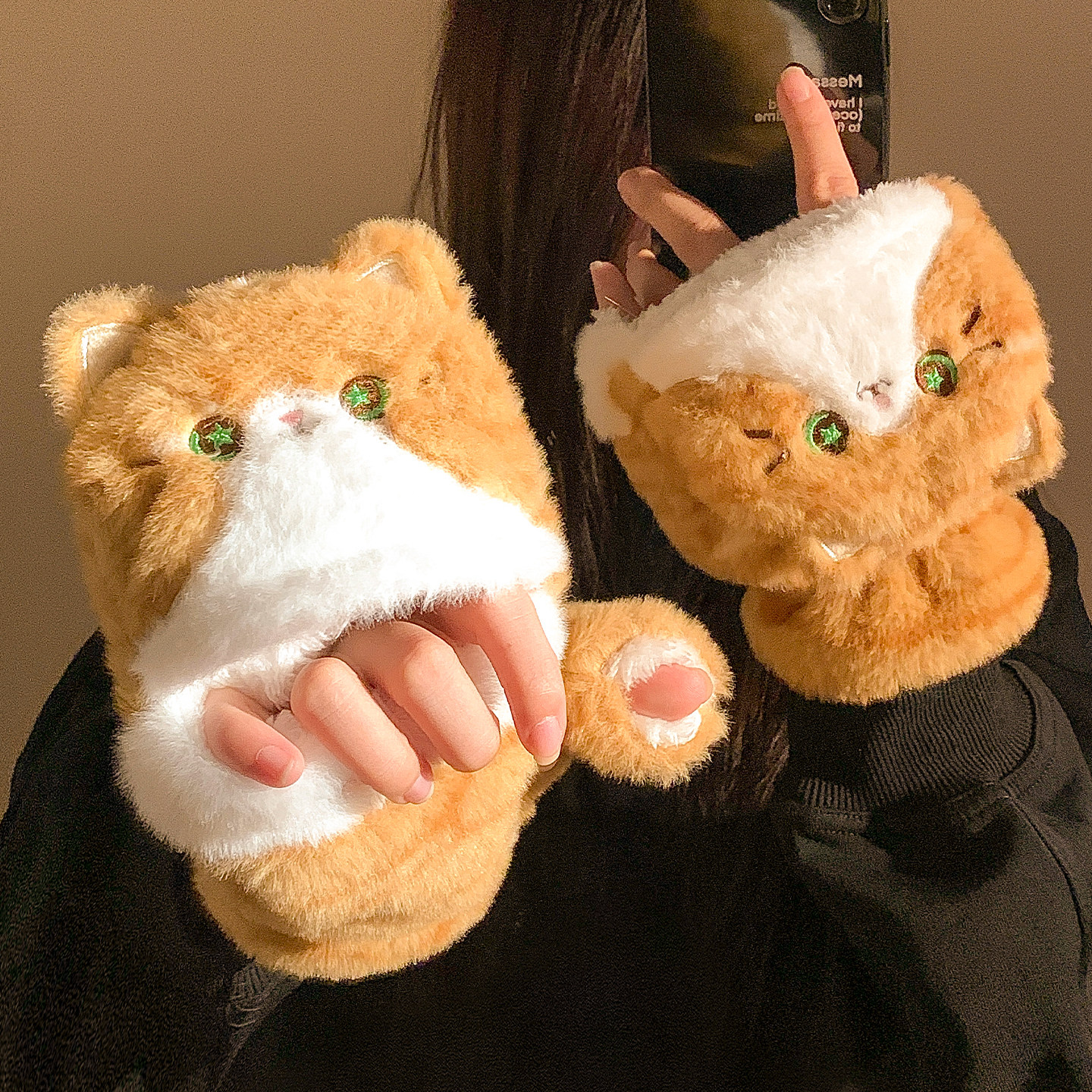 手套女生冬可爱猫咪毛绒手套女冬季翻盖半指可触屏学生加绒加厚骑