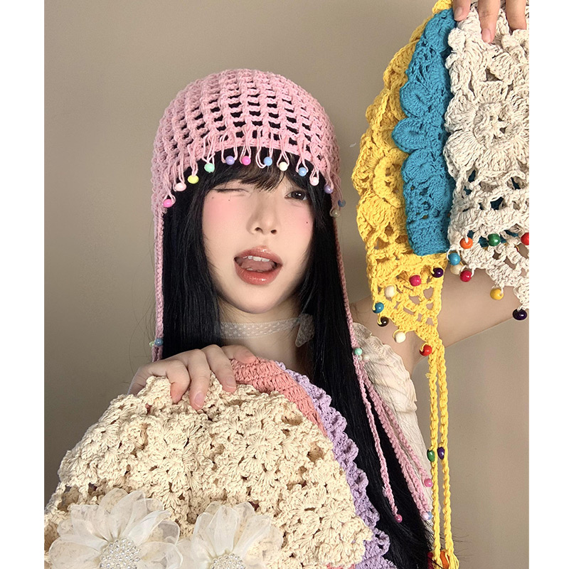 彩色花朵流苏包头帽波西米亚