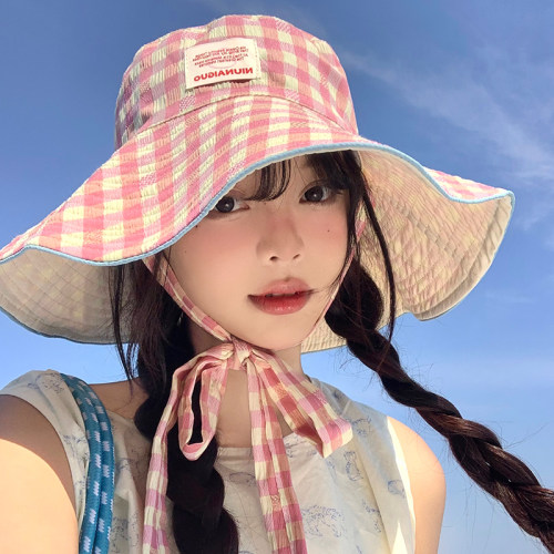 双面可戴~格子宽边系带渔夫帽