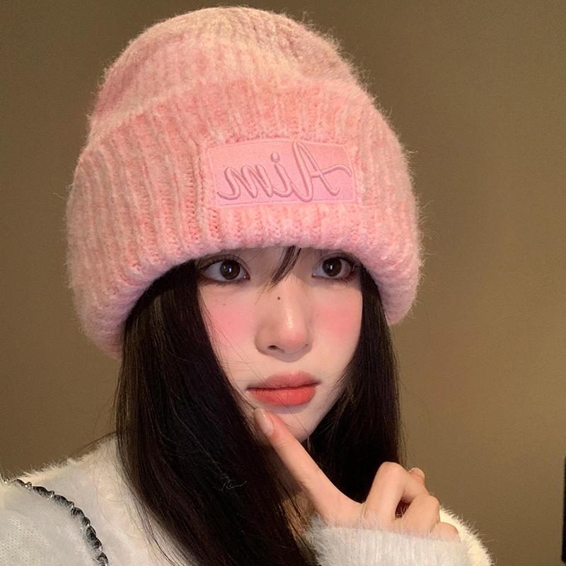 粉色字母针织帽女秋冬季韩版