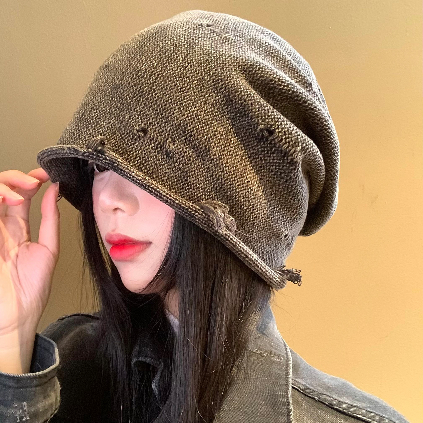 破洞针织冷帽秋冬日系复古显脸小