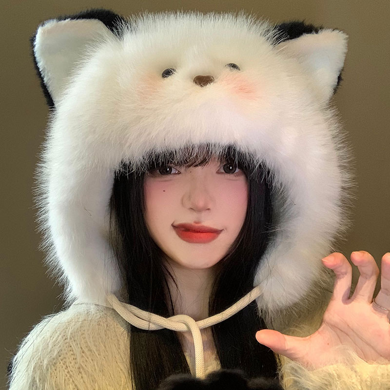 可爱腮红猫咪耳朵毛绒帽女冬季显脸小加厚保暖护耳帽防寒雷锋帽子