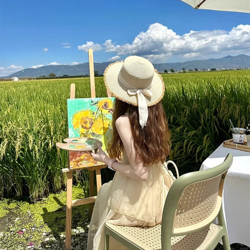 蕾丝飘带草帽女夏天拉菲编织平檐