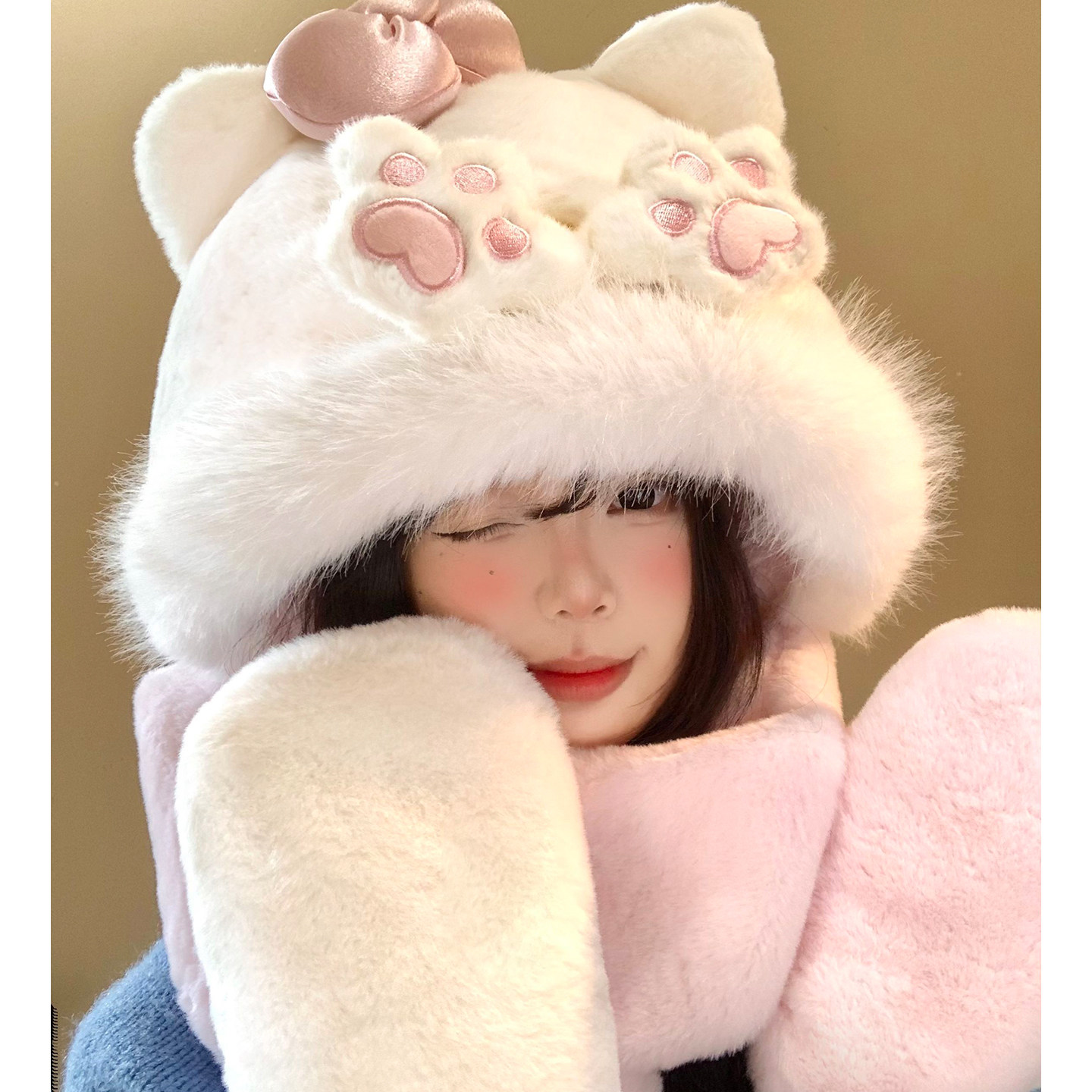 可爱蝴蝶结小猫爪毛绒帽子围巾一体女秋冬季加厚保暖护耳雷锋帽子,服饰配件/皮带/帽子/围巾,帽子,淘宝优惠券,粉丝福利购,淘宝优惠卷