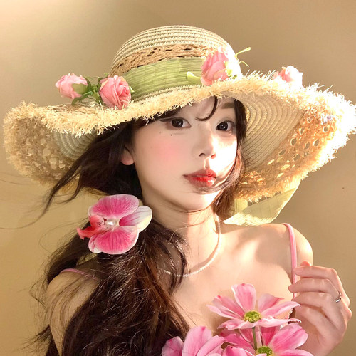 玫瑰花毛边镂空飘带大帽檐草帽女