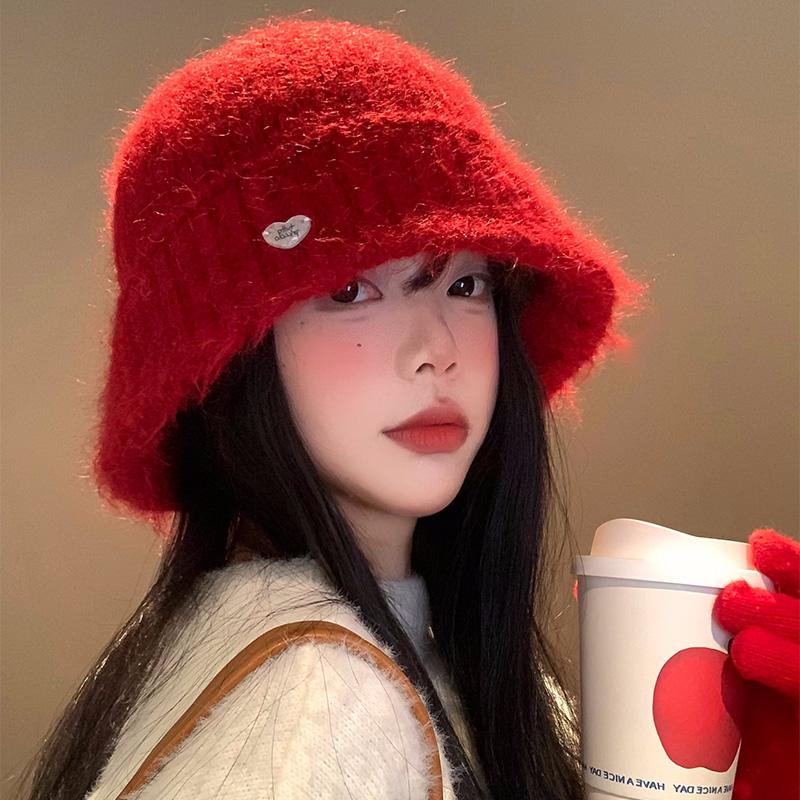 红色针织渔夫帽女秋冬季新年