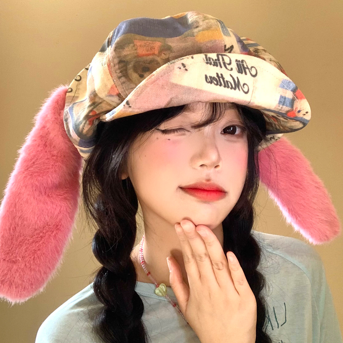 兔耳朵贝雷帽个性辣妹翻檐云朵帽