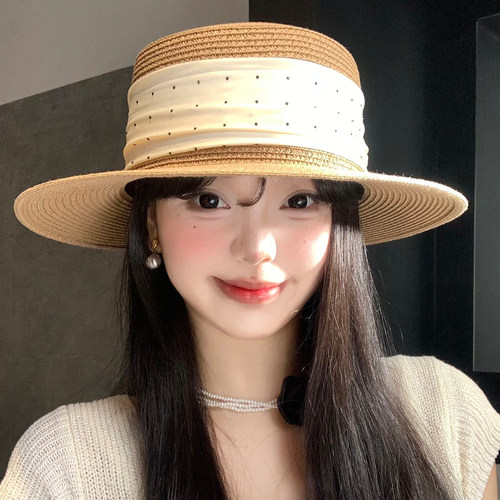 法式复古波点平顶草帽女夏季沙滩