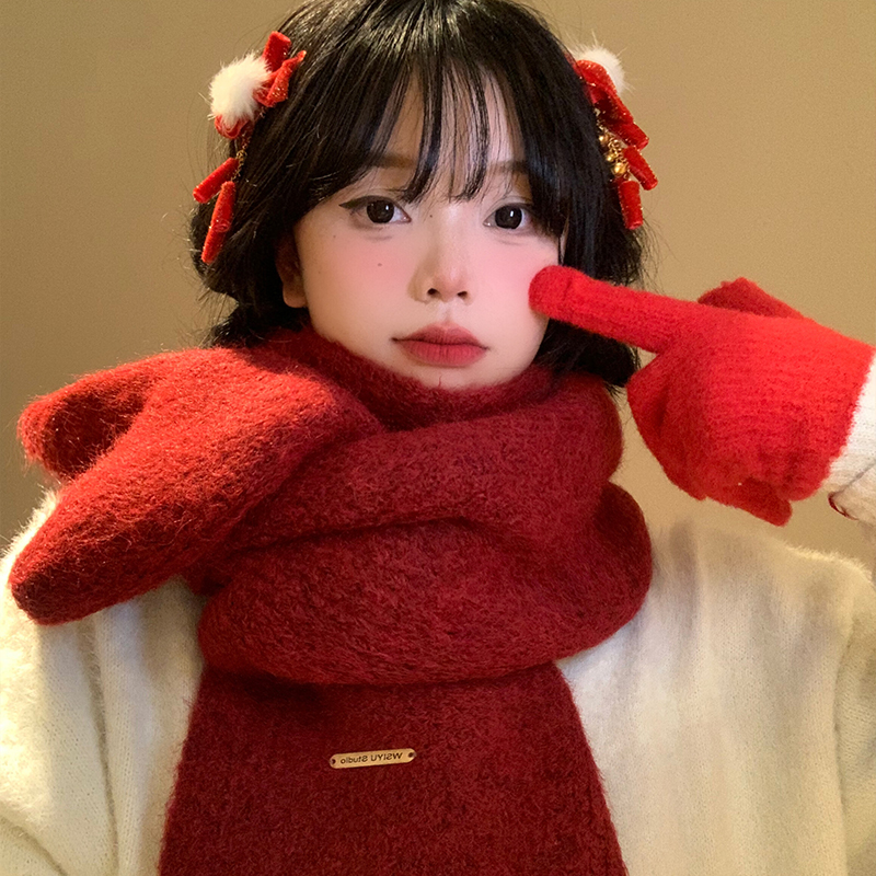 含羊毛红色新年围巾女冬季2024新款韩系氛围感圣诞加厚保暖围脖