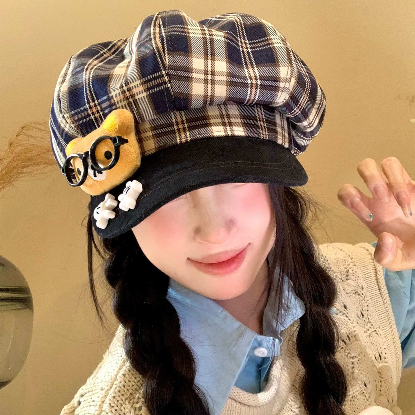 可爱眼镜小熊格纹贝雷帽女显脸小