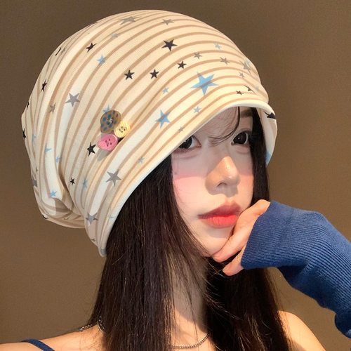 纽扣星星条纹堆堆帽女春秋韩系
