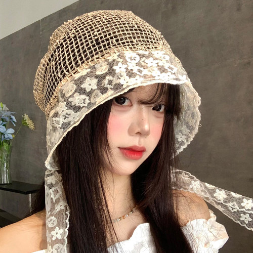 蕾丝花朵拼接镂空包头帽女夏薄款