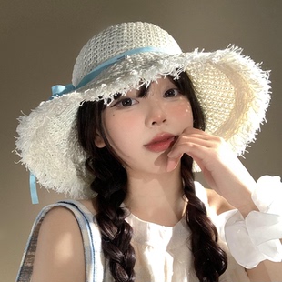 蝴蝶结编织镂空草帽女夏季 大帽檐遮阳防晒帽海边沙滩太阳帽子 法式