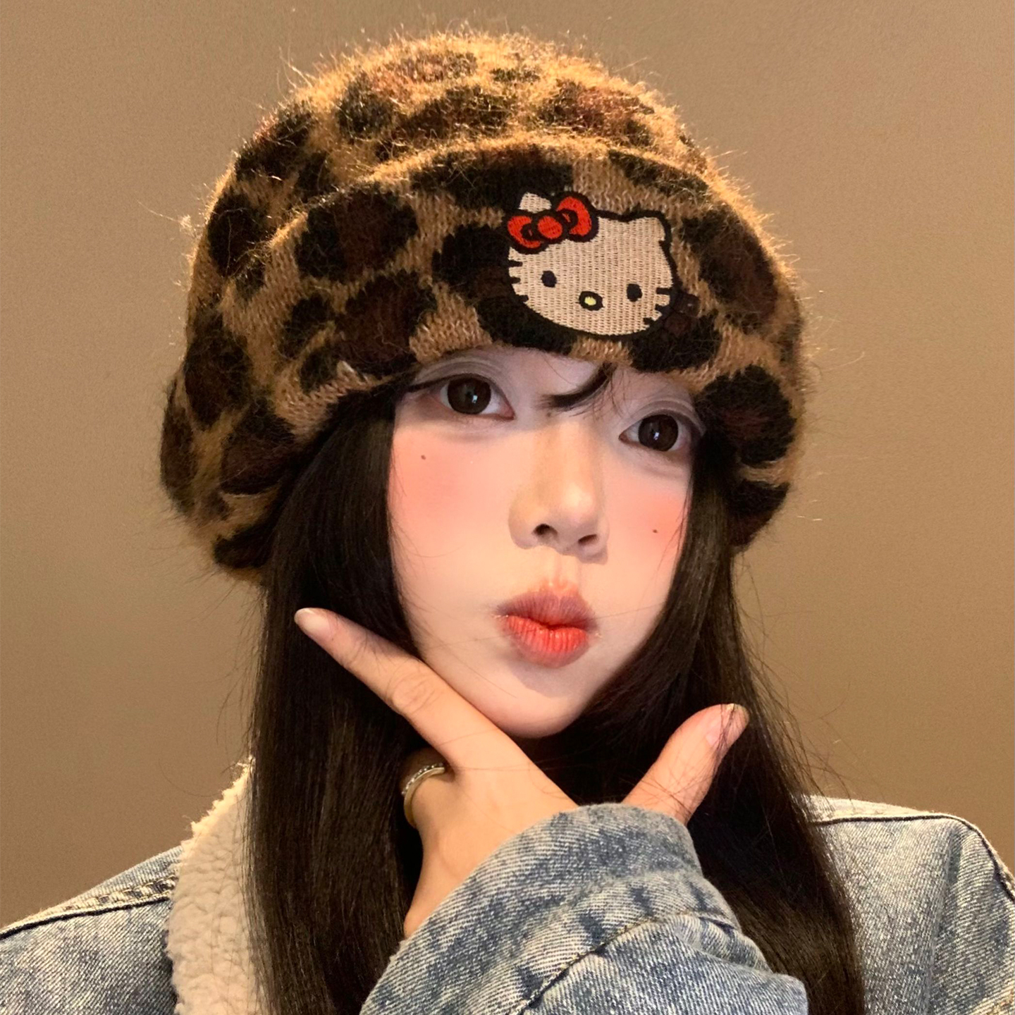 可爱Kitty猫豹纹毛线帽女秋冬季显脸小针织帽大头围保暖包头帽子
