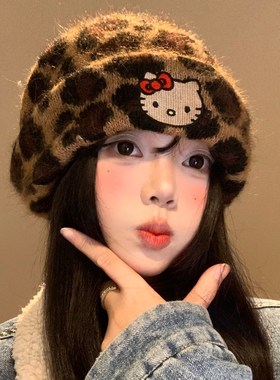 可爱Kitty猫豹纹毛线帽女秋冬季显脸小针织帽大头围保暖包头帽子