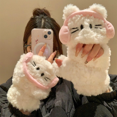 耳机猫翻盖露指手套女秋冬季