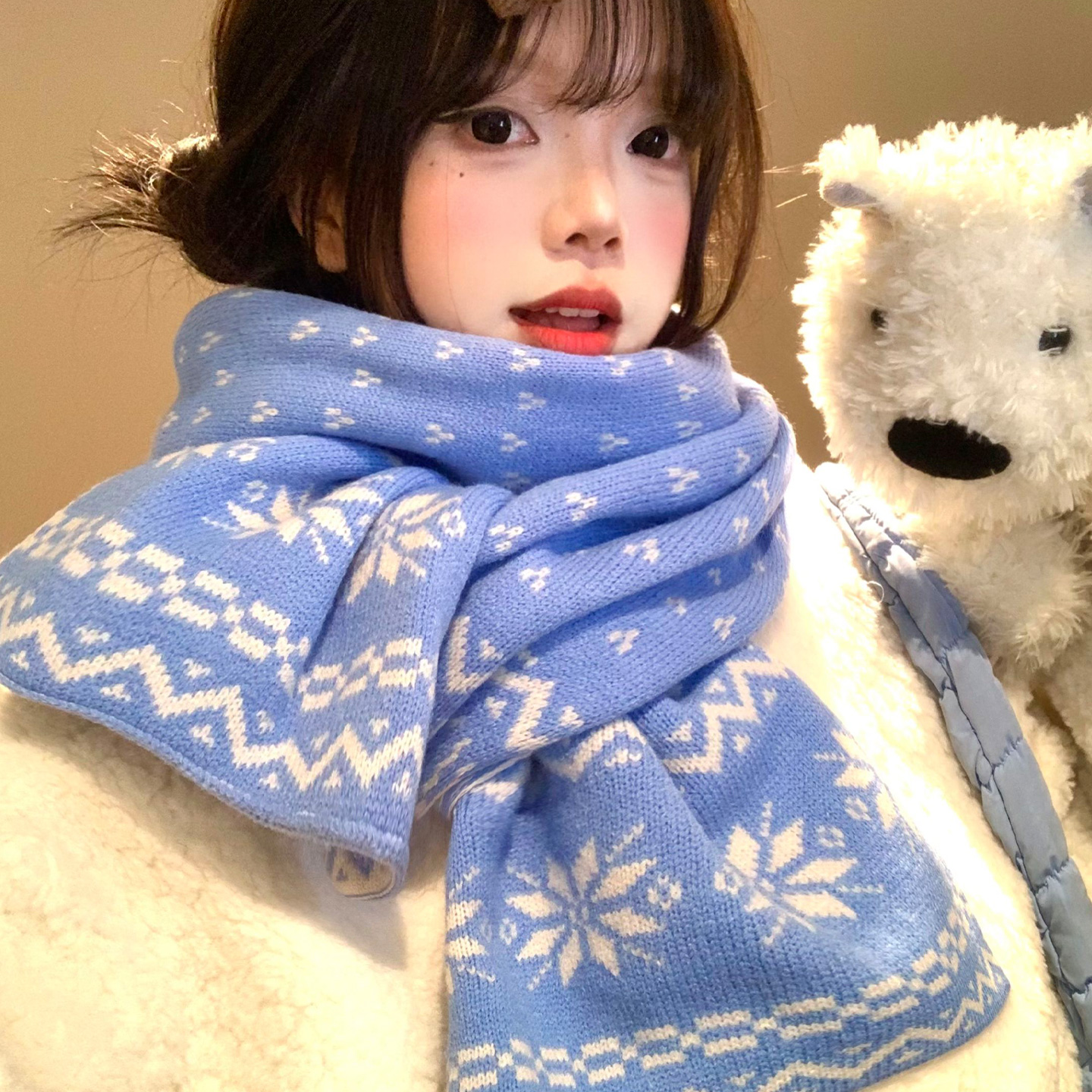 蓝色费尔岛雪花双面针织围巾女