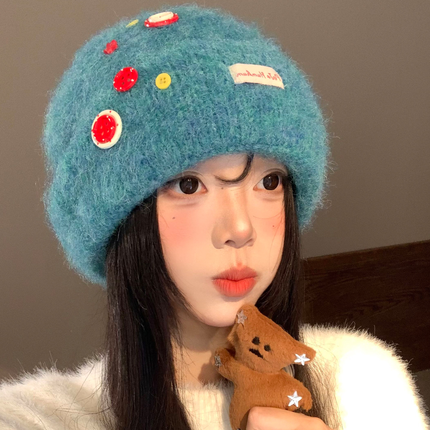 蓝色纽扣毛线帽女秋冬季韩版百搭