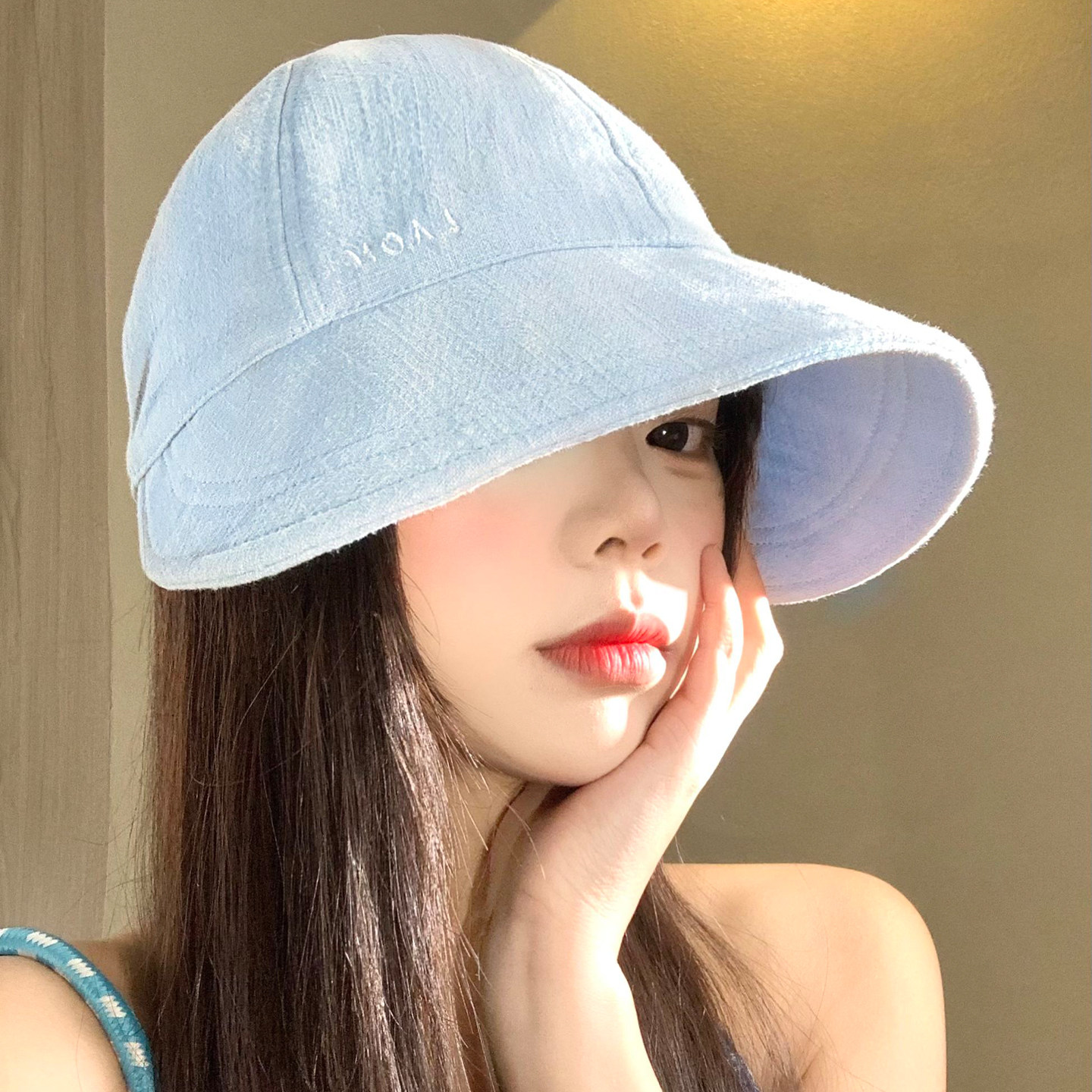 蓝色棉麻渔夫帽女夏季薄款透气大帽檐户外防晒遮阳显脸小太阳帽子