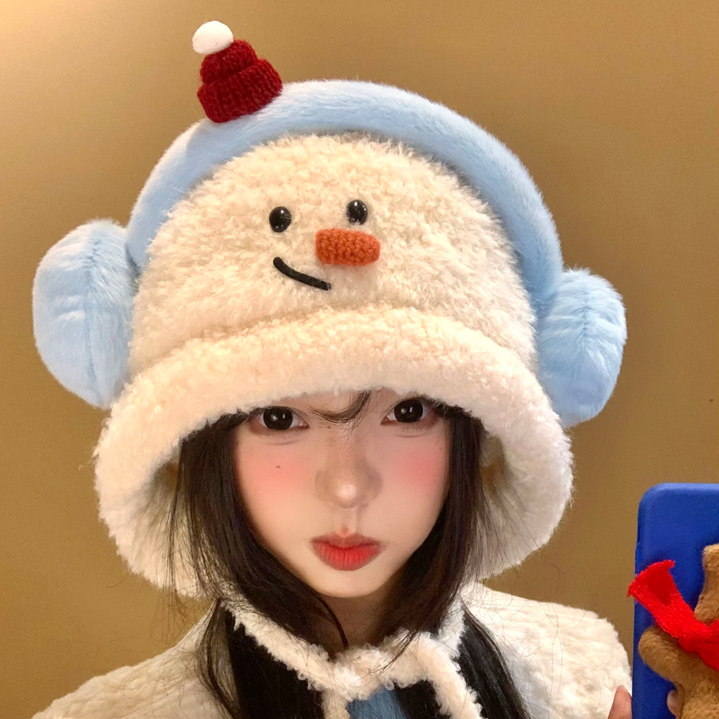 可爱雪人毛绒针织护耳帽女显脸小