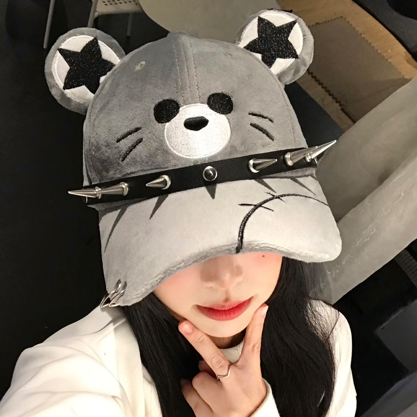 朋克铆钉老鼠耳朵棒球帽女亚文化可爱显脸小鸭舌帽小众显脸小帽子