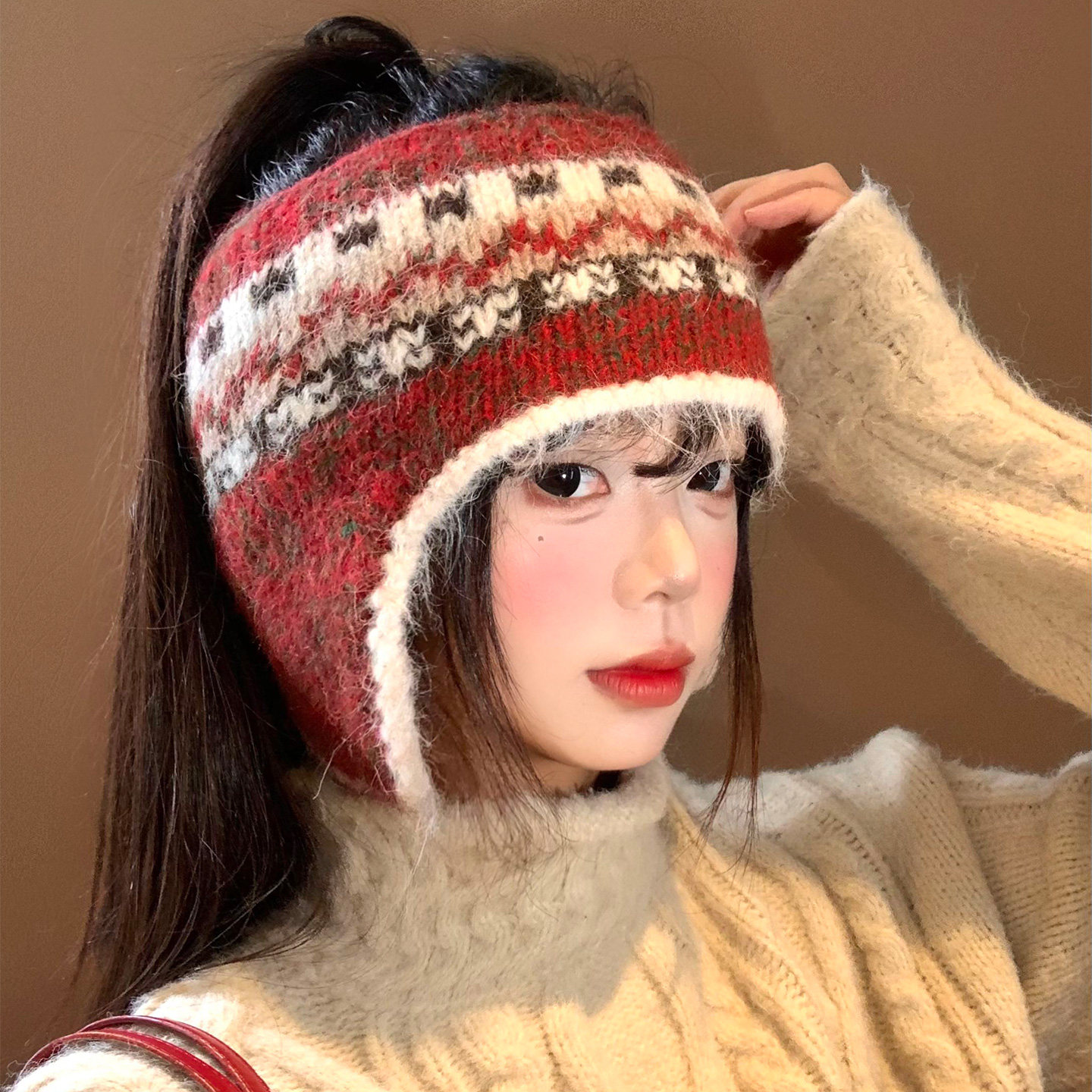费尔岛风针织耳罩女秋冬保暖防寒无顶护耳毛线帽发带护耳耳套耳暖
