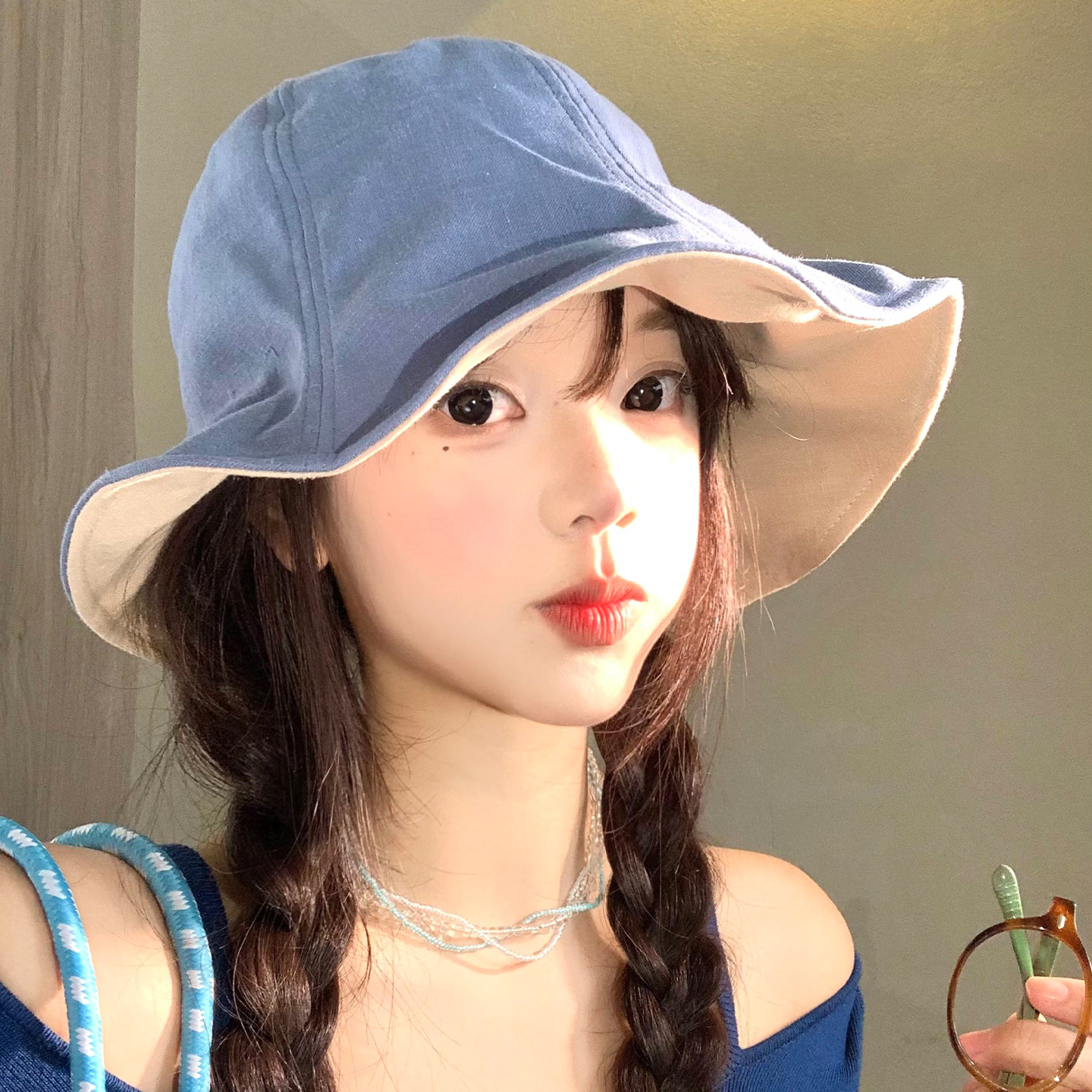 蝴蝶结绑带渔夫帽女大帽檐显脸小素颜百搭盆帽防晒遮阳帽水桶帽子
