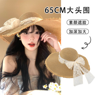 大头围蕾丝蝴蝶结草帽女夏海边沙滩度假太阳帽子大帽檐遮阳防晒帽