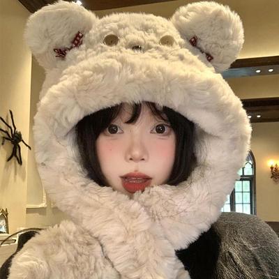 可爱小熊帽子围巾一体女