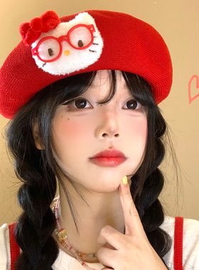 可爱Kitty猫红色贝雷帽女薄款透气显脸小甜美百搭红色画家帽子潮