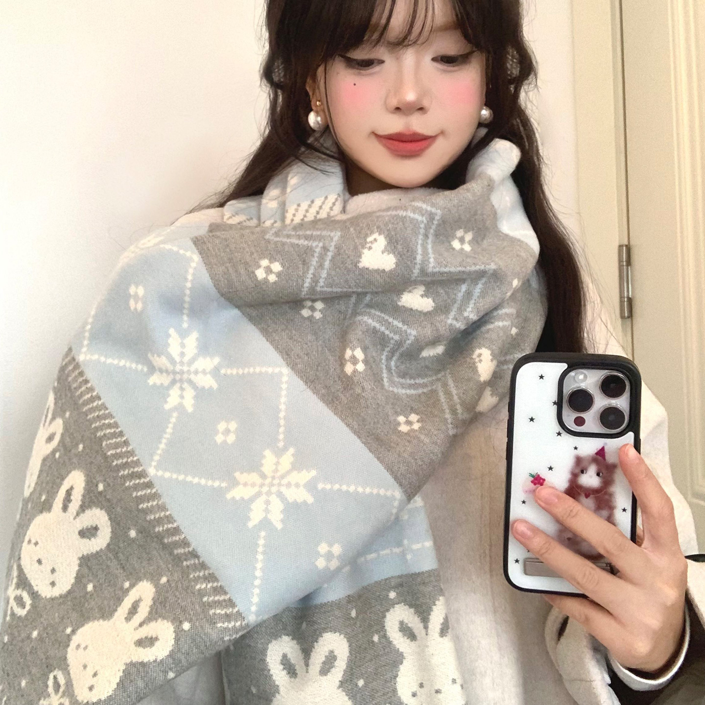 可爱蓝色雪花提花小兔子围巾保暖