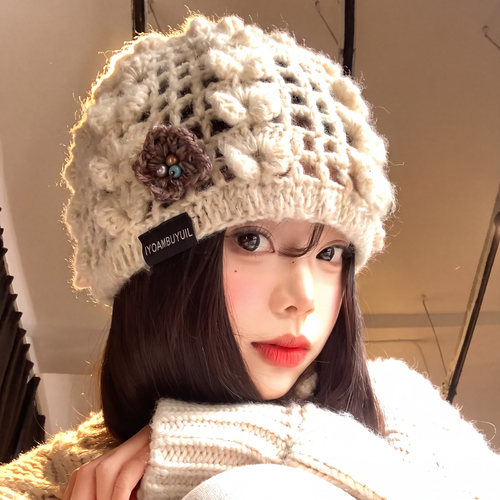 手工钩织花朵镂空针织帽秋季韩版
