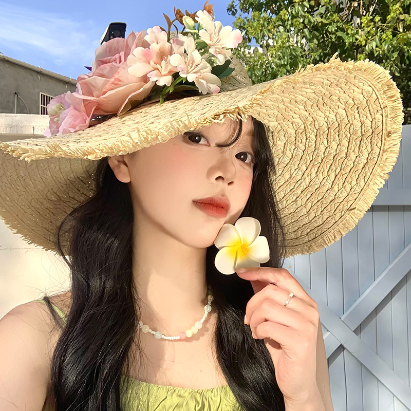 花朵拉菲草帽女夏季海边沙滩