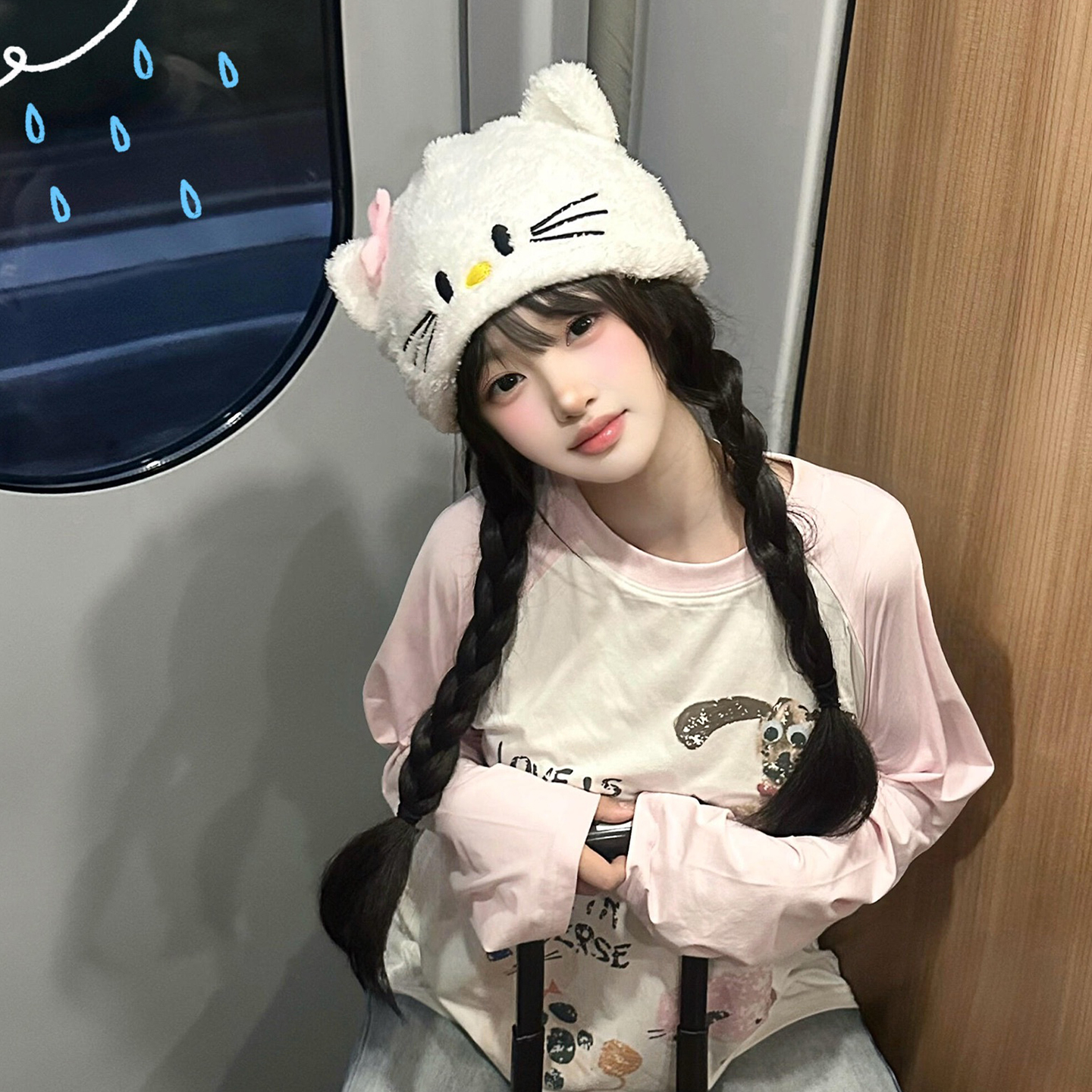 卡通可爱Kitty猫咪毛绒帽子甜美