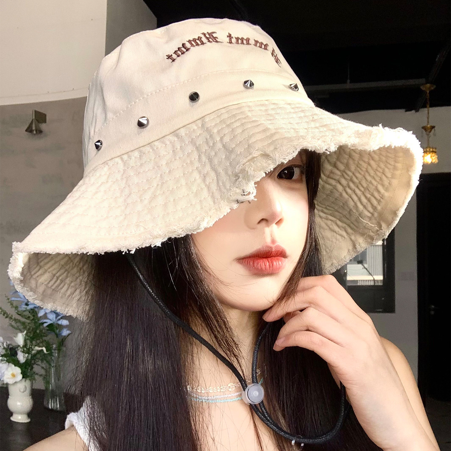 复古铆钉渔夫帽女春夏季日系百搭大帽檐遮阳帽显脸小防晒太阳帽子