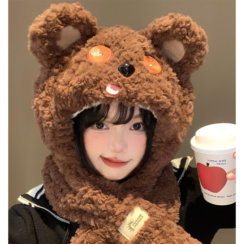 纽扣小熊耳朵帽子围巾一体