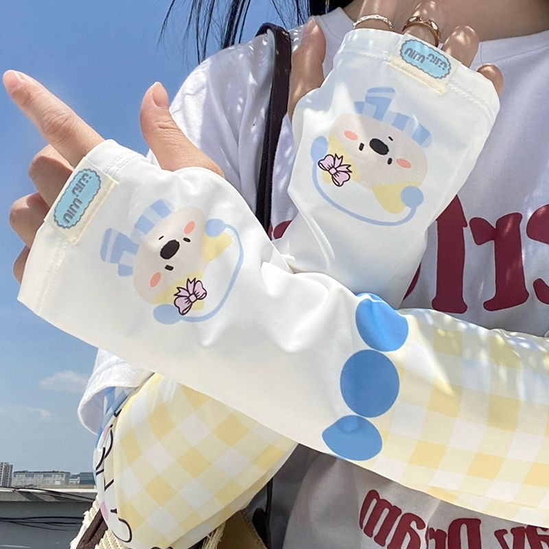黄色格子小狗防晒袖套女夏季防紫外线宽松开车电动车遮阳冰丝冰袖