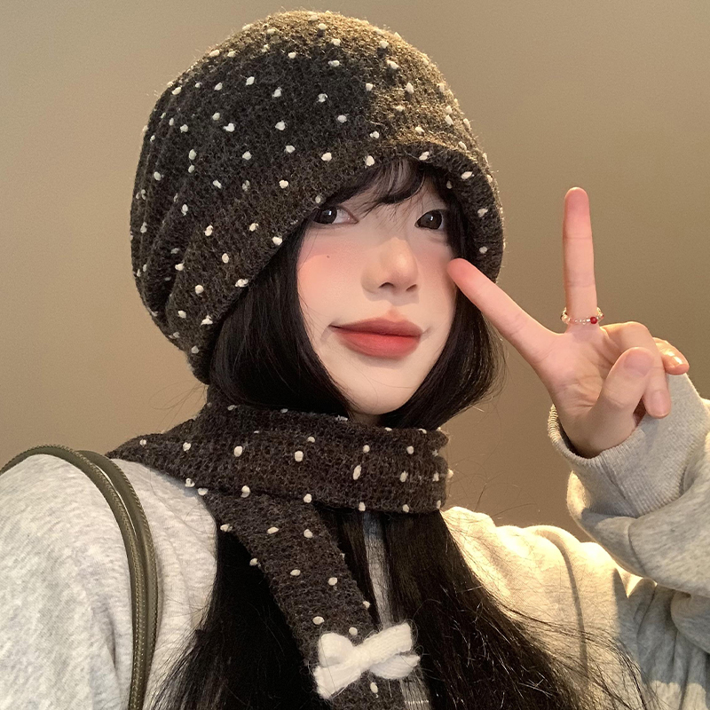 韩系波点堆堆帽女冬季围巾套装