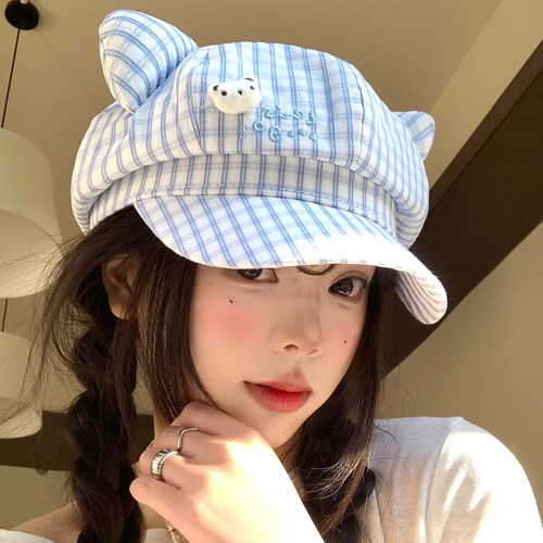 可爱格子猫耳朵贝雷帽女春夏甜美