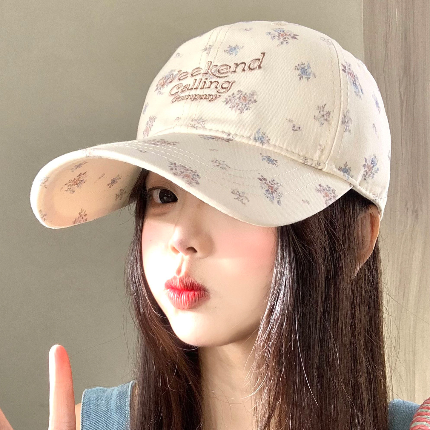 甜美碎花字母刺绣棒球帽女韩系小清新大头围鸭舌帽显脸小软顶帽子